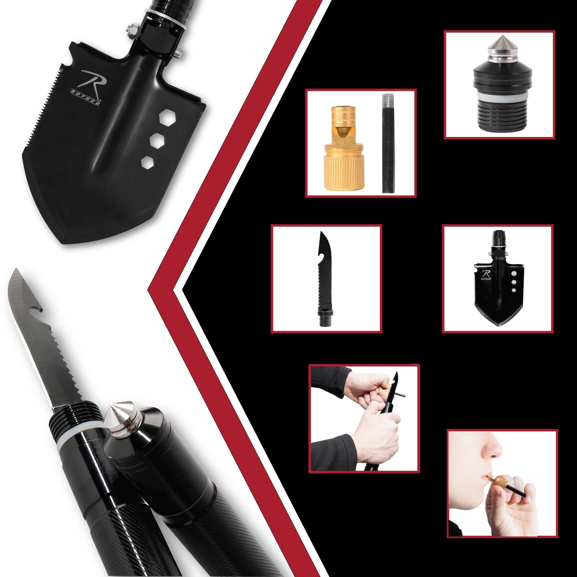 Rothco 8-in-1 Multi-Tool Survival Shovel / Portable Camping Entrenching Tool - Stainless Steel LARSON TACTICAL SUPPLY