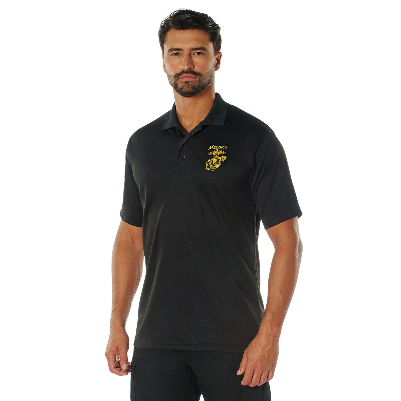 Rothco USMC Eagle, Globe & Anchor Moisture Wicking Polo Shirt - Black LARSON TACTICAL SUPPLY