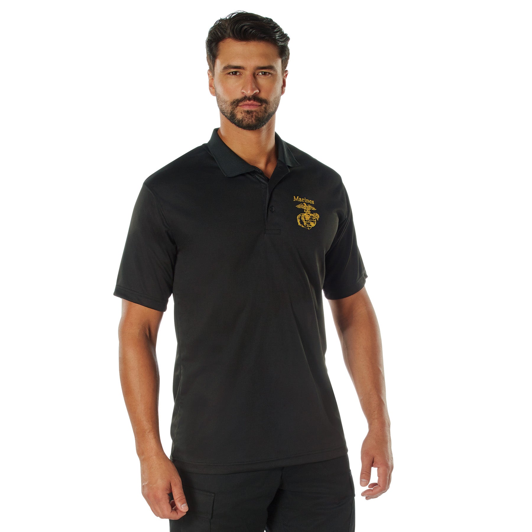 Rothco USMC Eagle, Globe & Anchor Moisture Wicking Polo Shirt - Black LARSON TACTICAL SUPPLY