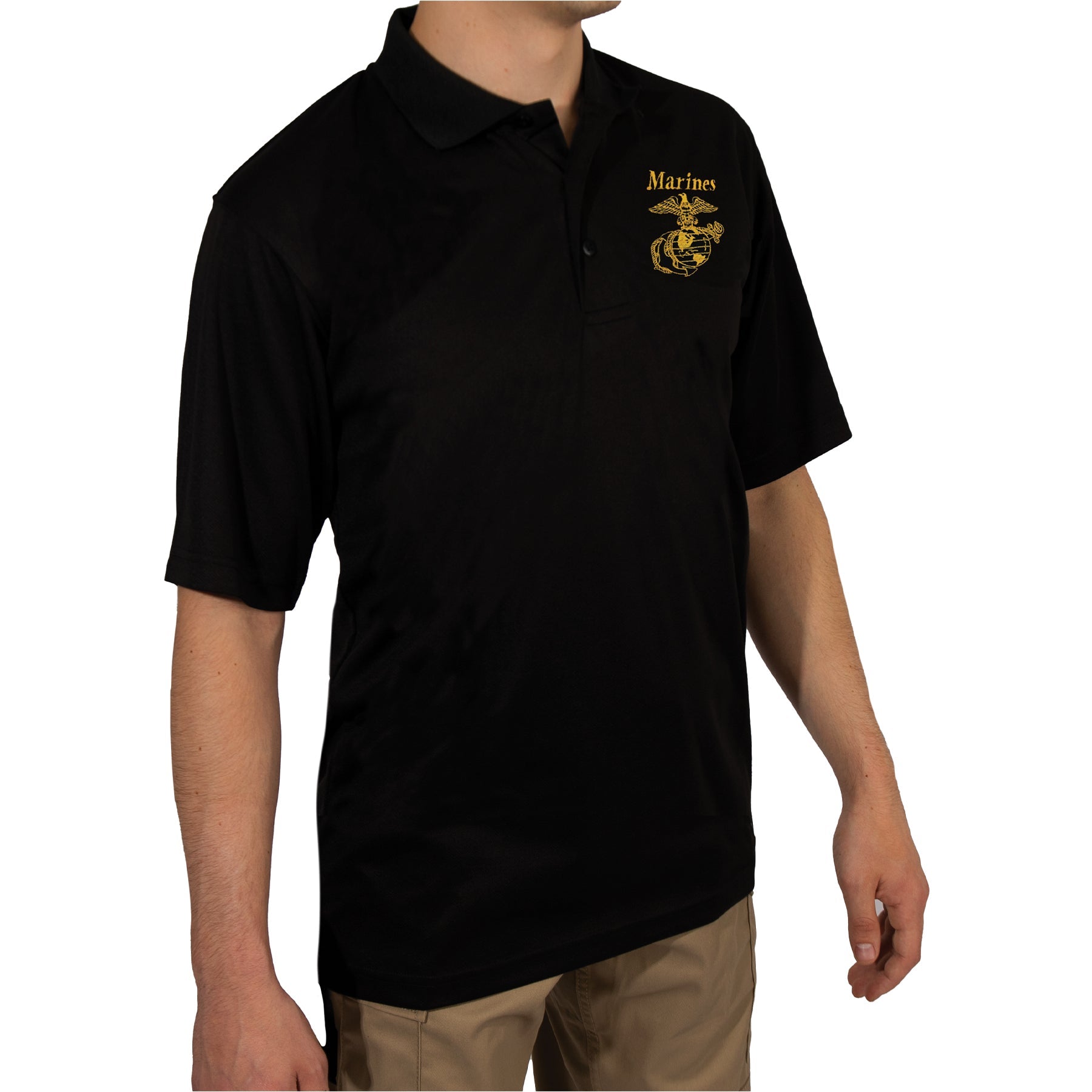 Rothco USMC Eagle, Globe & Anchor Moisture Wicking Polo Shirt - Black LARSON TACTICAL SUPPLY
