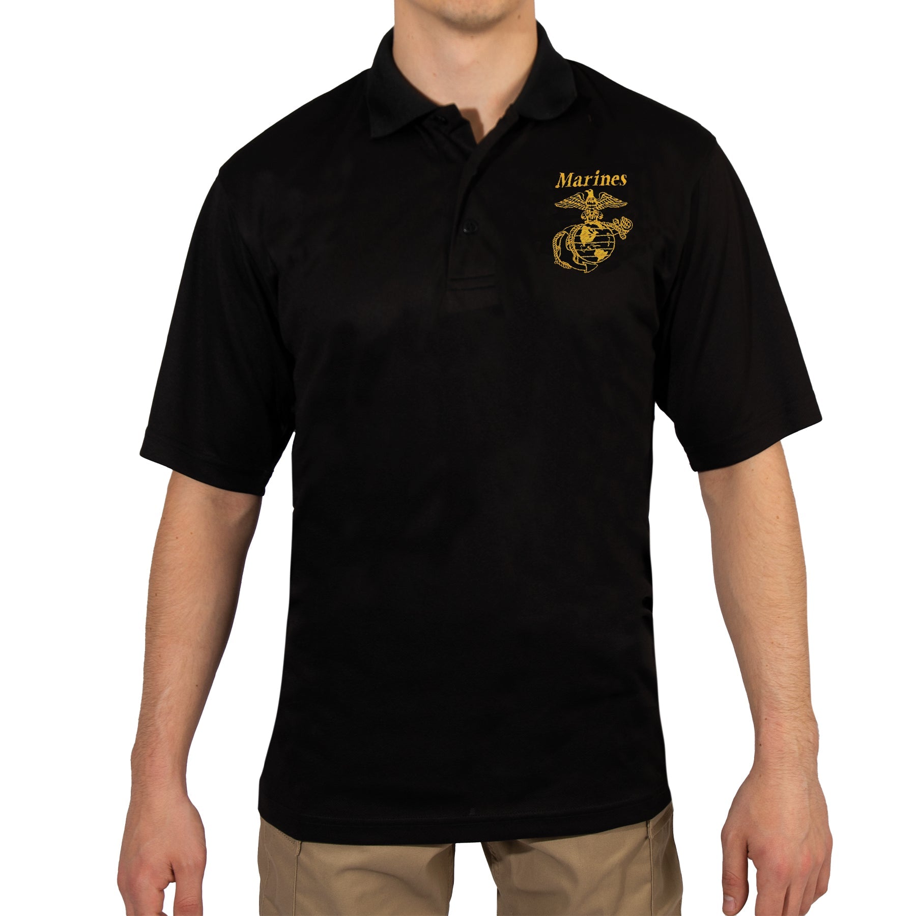 Rothco USMC Eagle, Globe & Anchor Moisture Wicking Polo Shirt - Black LARSON TACTICAL SUPPLY