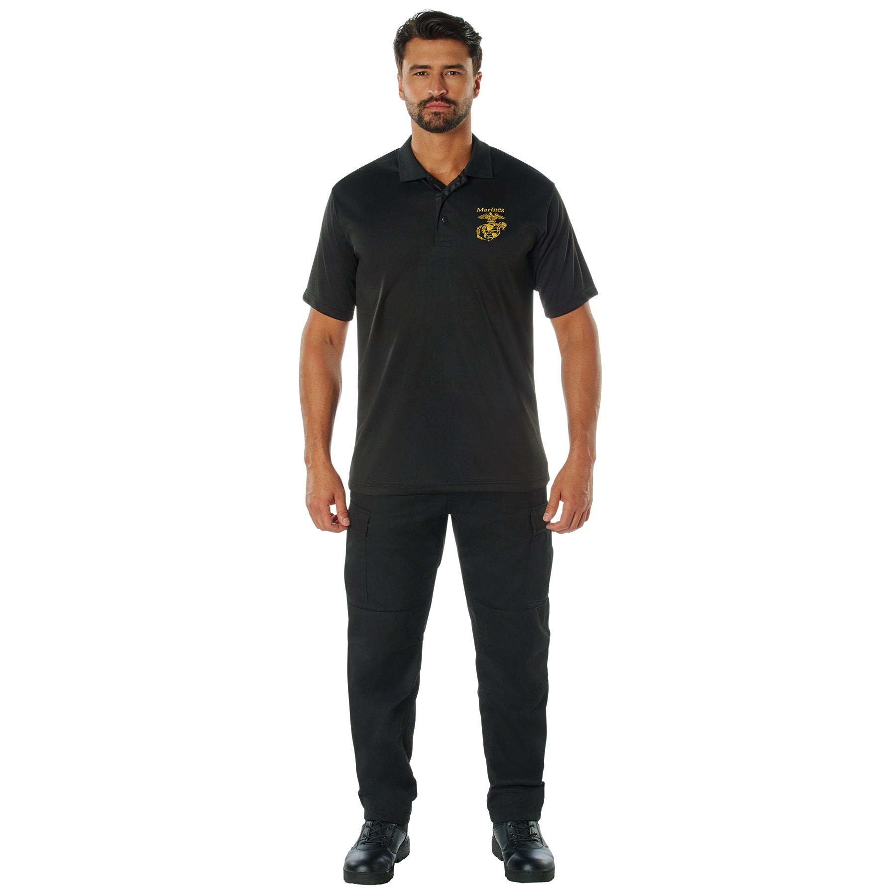 Rothco USMC Eagle, Globe & Anchor Moisture Wicking Polo Shirt - Black LARSON TACTICAL SUPPLY